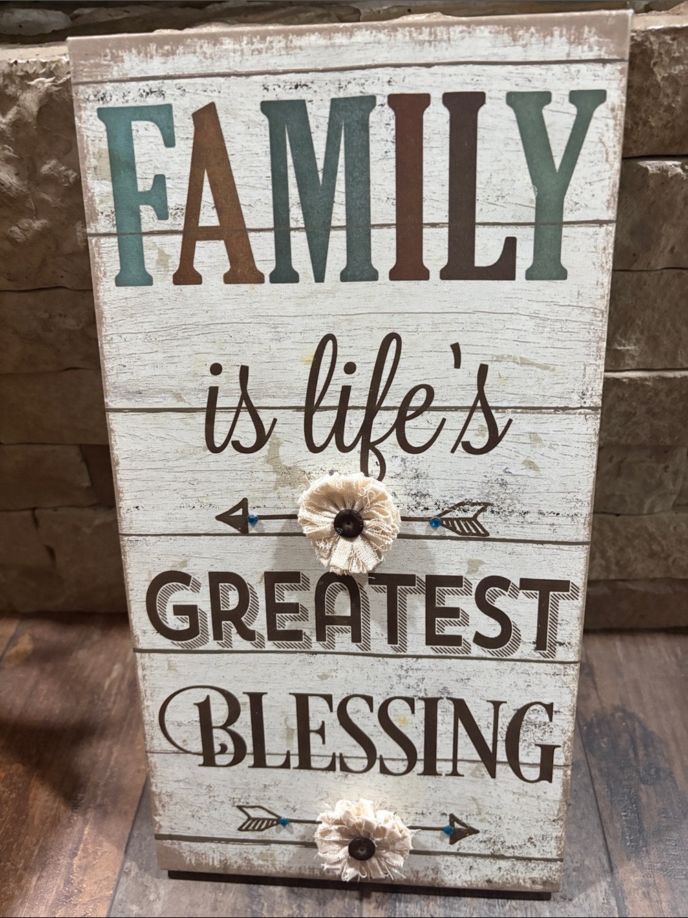 Rustic 'Family is Life's Greatest Blessing' Wall canvas- Cream & Teal